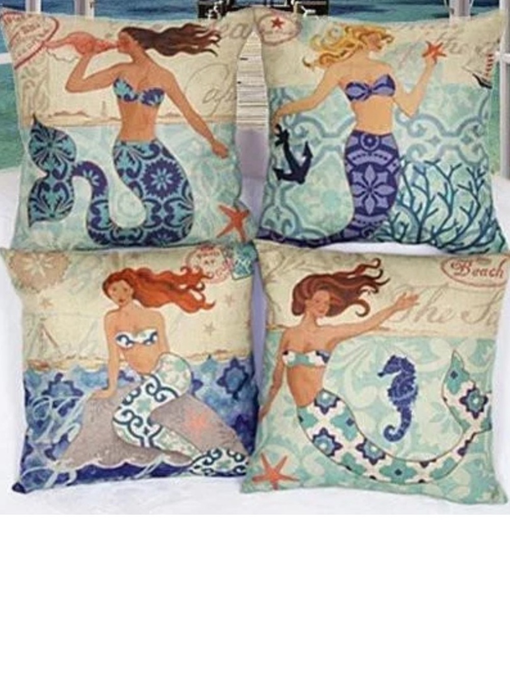 Vintage Beach Burlap Tropical 4 Mermaid Square‎ 17 x 17.5 in Pillow cover